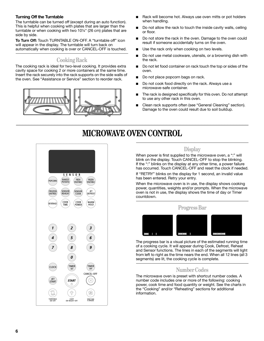 Whirlpool YMH7155XM manual Microwave Oven Control, Cooking Rack, Display, Progress Bar, Number Codes 