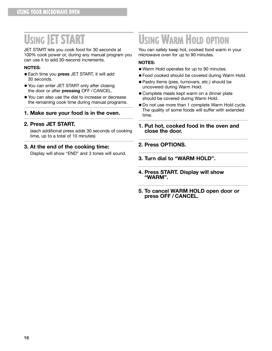 Whirlpool YMT3135SH, YMT3115SH installation instructions Using JET Start 