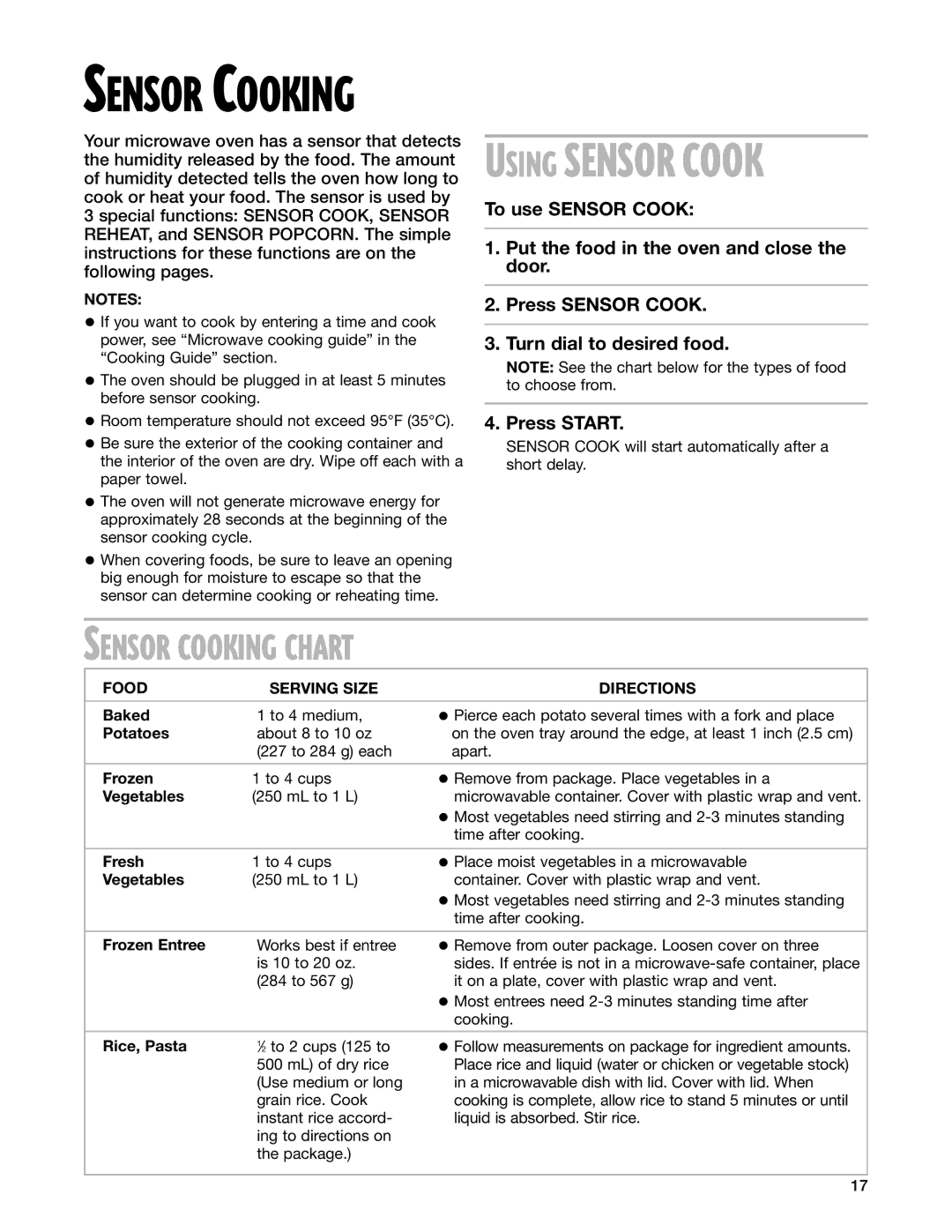 Whirlpool YMT3115SH, YMT3135SH installation instructions Sensor Cooking Chart, Food Serving Size Directions 