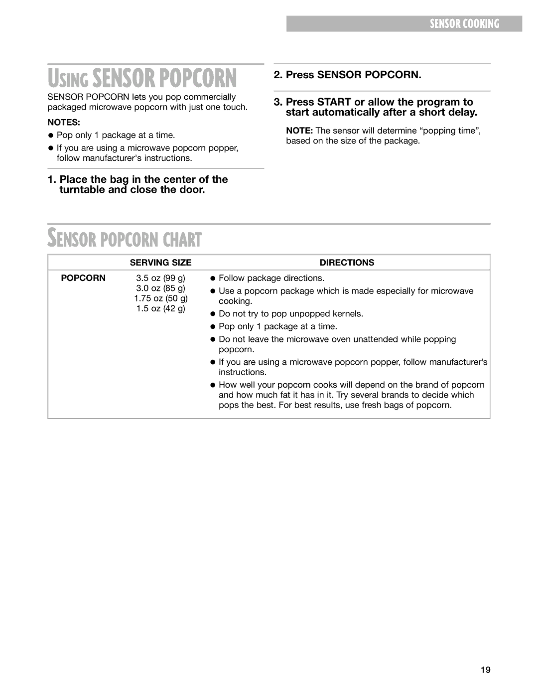 Whirlpool YMT3115SH, YMT3135SH installation instructions Sensor Popcorn Chart, Serving Size Directions Popcorn 