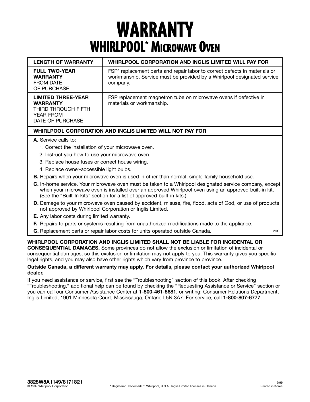 Whirlpool YMT3115SH, YMT3135SH Warranty, Limited THREE-YEAR, Whirlpool Corporation and Inglis Limited will not PAY for 