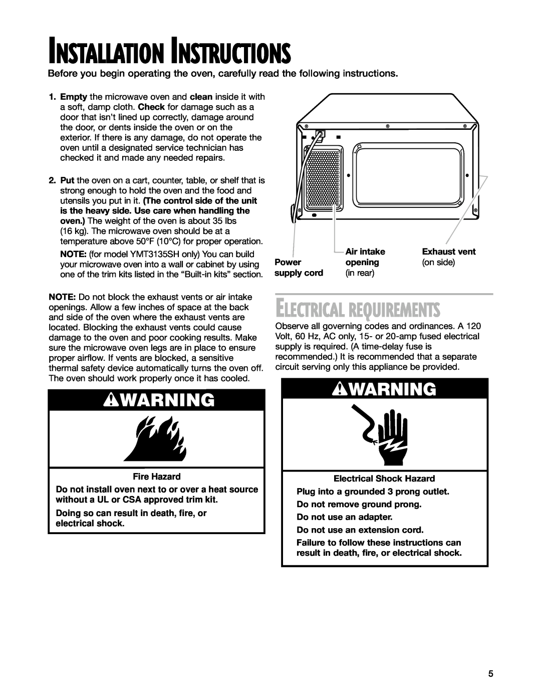 Whirlpool YMT3115SH, YMT3135SH installation instructions wWARNING, Electrical Requirements, Installation Instructions 
