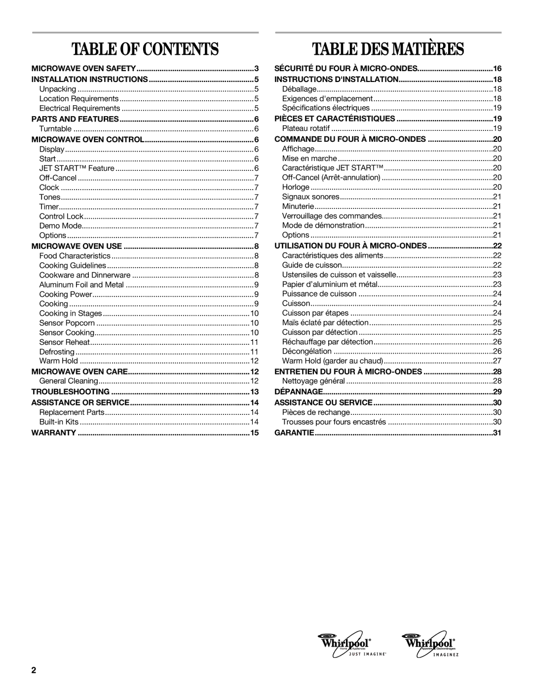 Whirlpool YMT4155SP manual Table DES Matières 