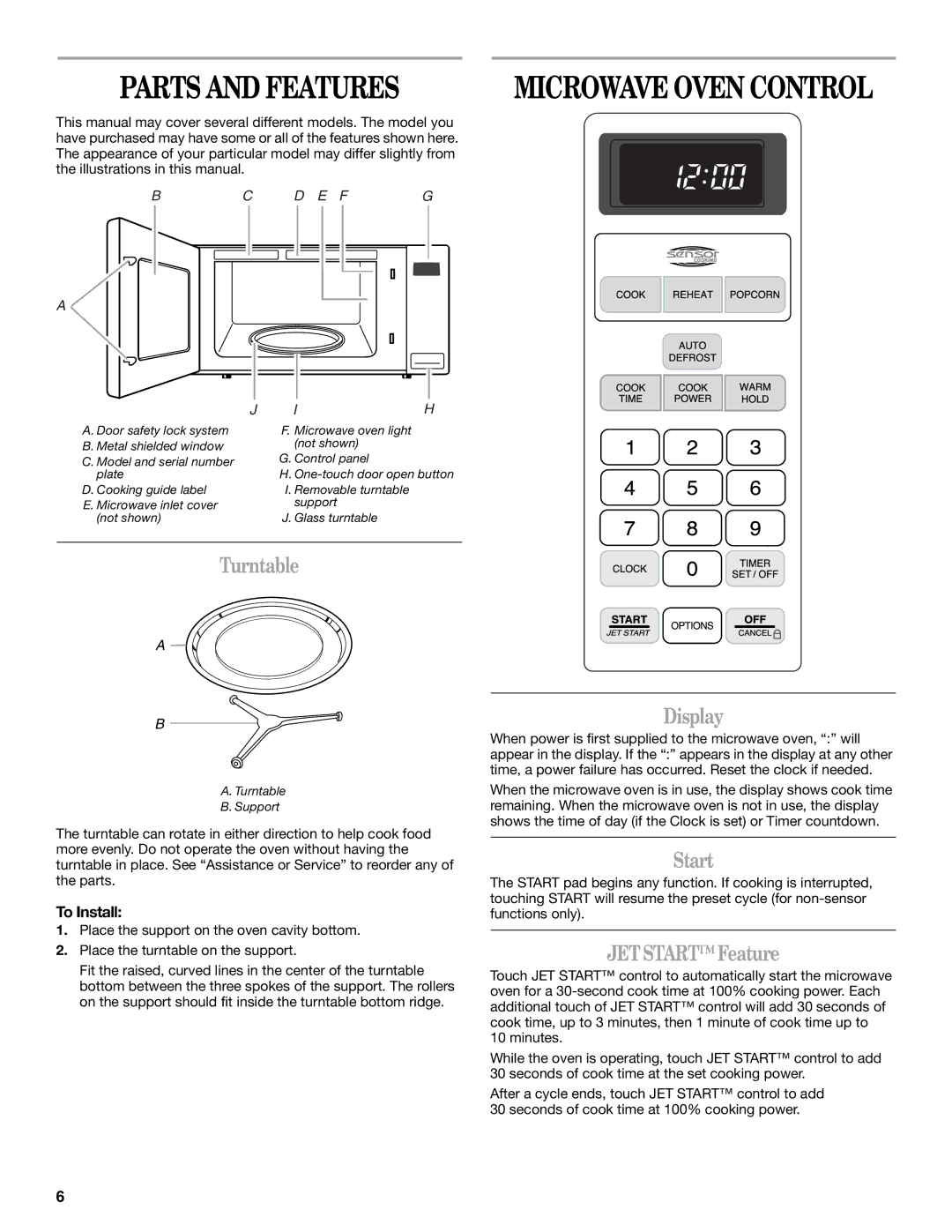 Whirlpool YMT4155SP manual Parts and Features, Turntable, Display, Start, Jetstart Feature 