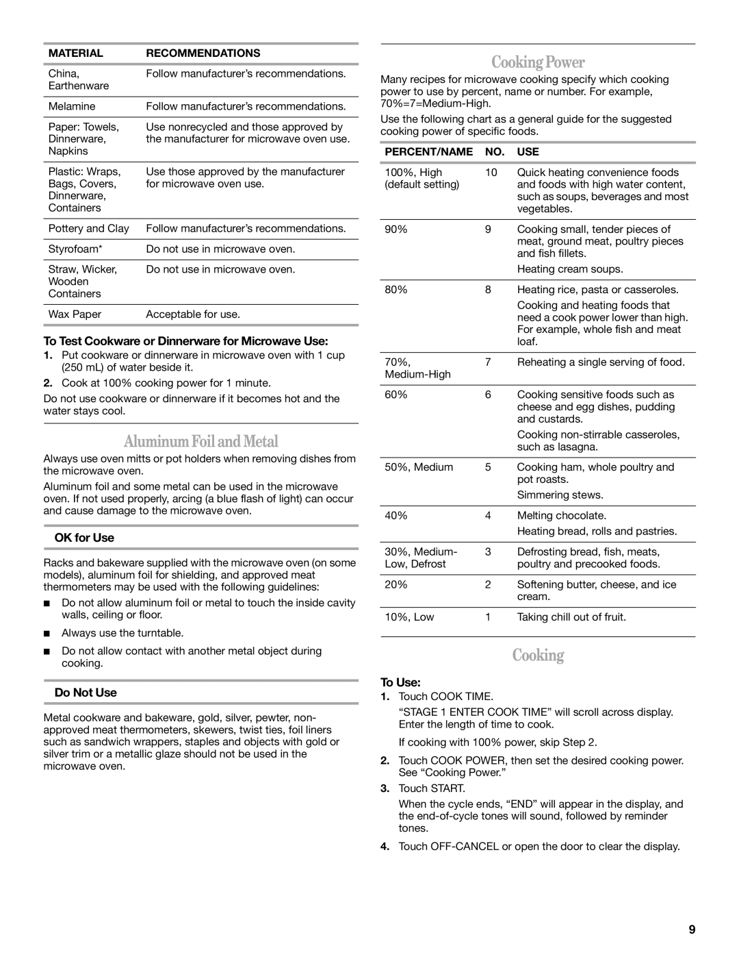 Whirlpool YMT4155SP manual Aluminum Foil and Metal, Cooking Power 