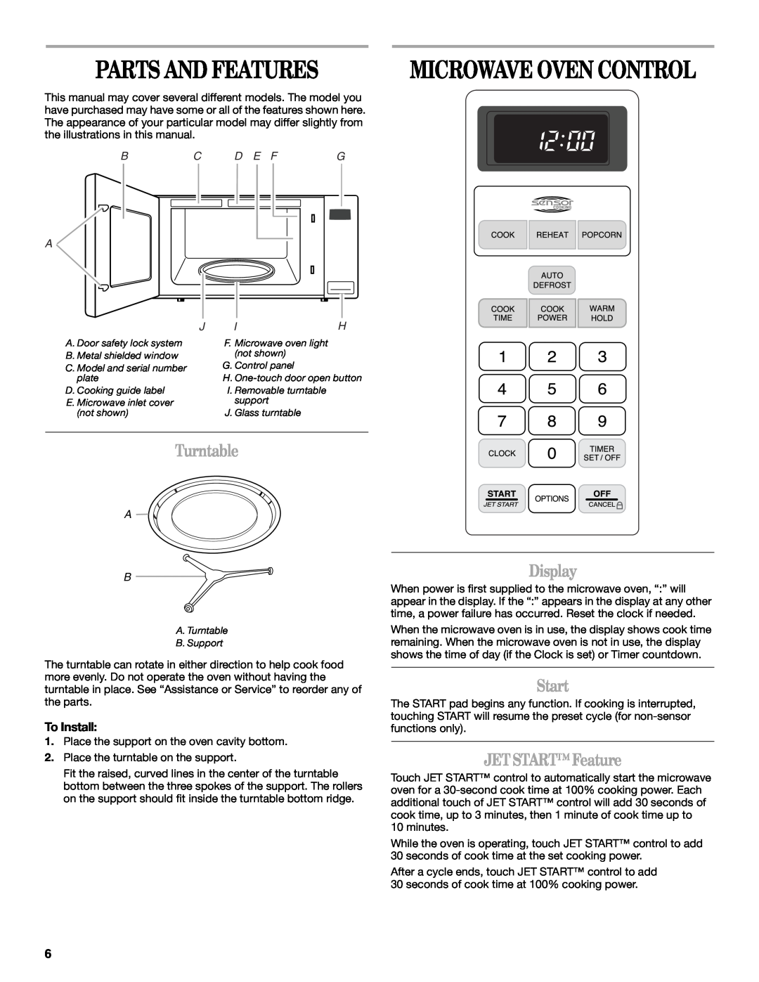 Whirlpool YMT4155SP Parts And Features, Microwave Oven Control, Turntable, Display, Start, JETSTART Feature, D E F, J Ih 
