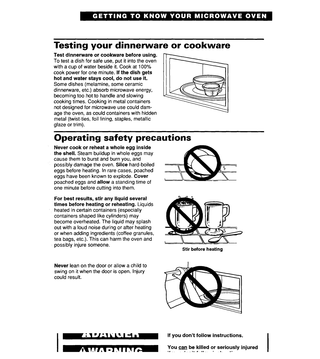 Whirlpool YMT9114SF, MT8118XE, MT8116XE, YMT8116SE Testing your dinnerware or cookware, Operating safety precautions 