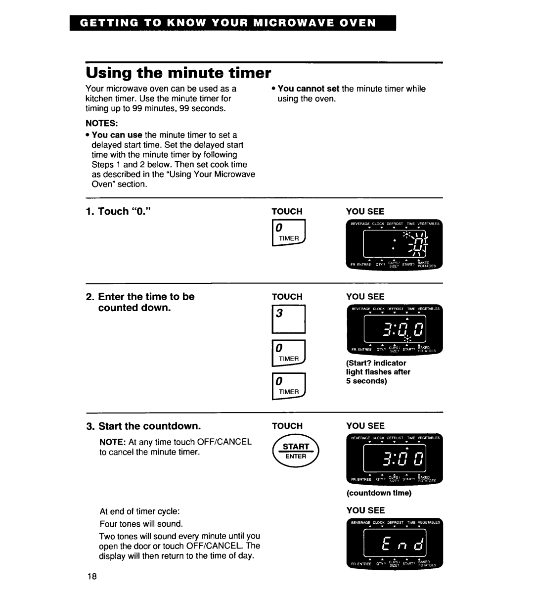 Whirlpool MT8116XE, YMT9114SF, MT8118XE, YMT8116SE Using the minute timer, Touch Enter Time to be, Down, Start the countdown 