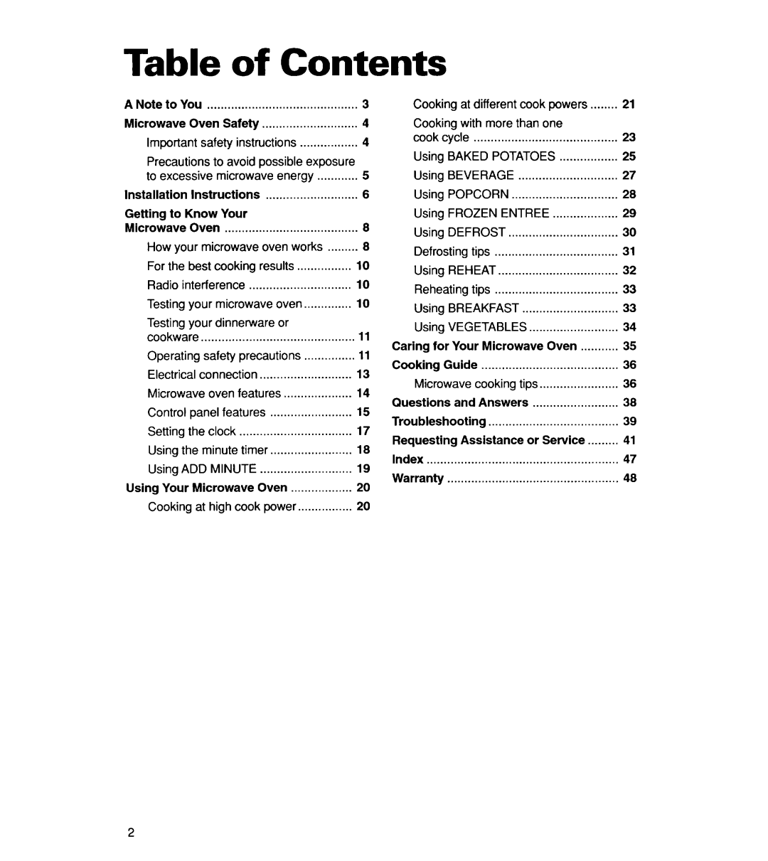 Whirlpool MT8116XE, YMT9114SF, MT8118XE, YMT8116SE, YMT8078SE, YMT8076SE, YMT8118SE installation instructions Table of Contents 