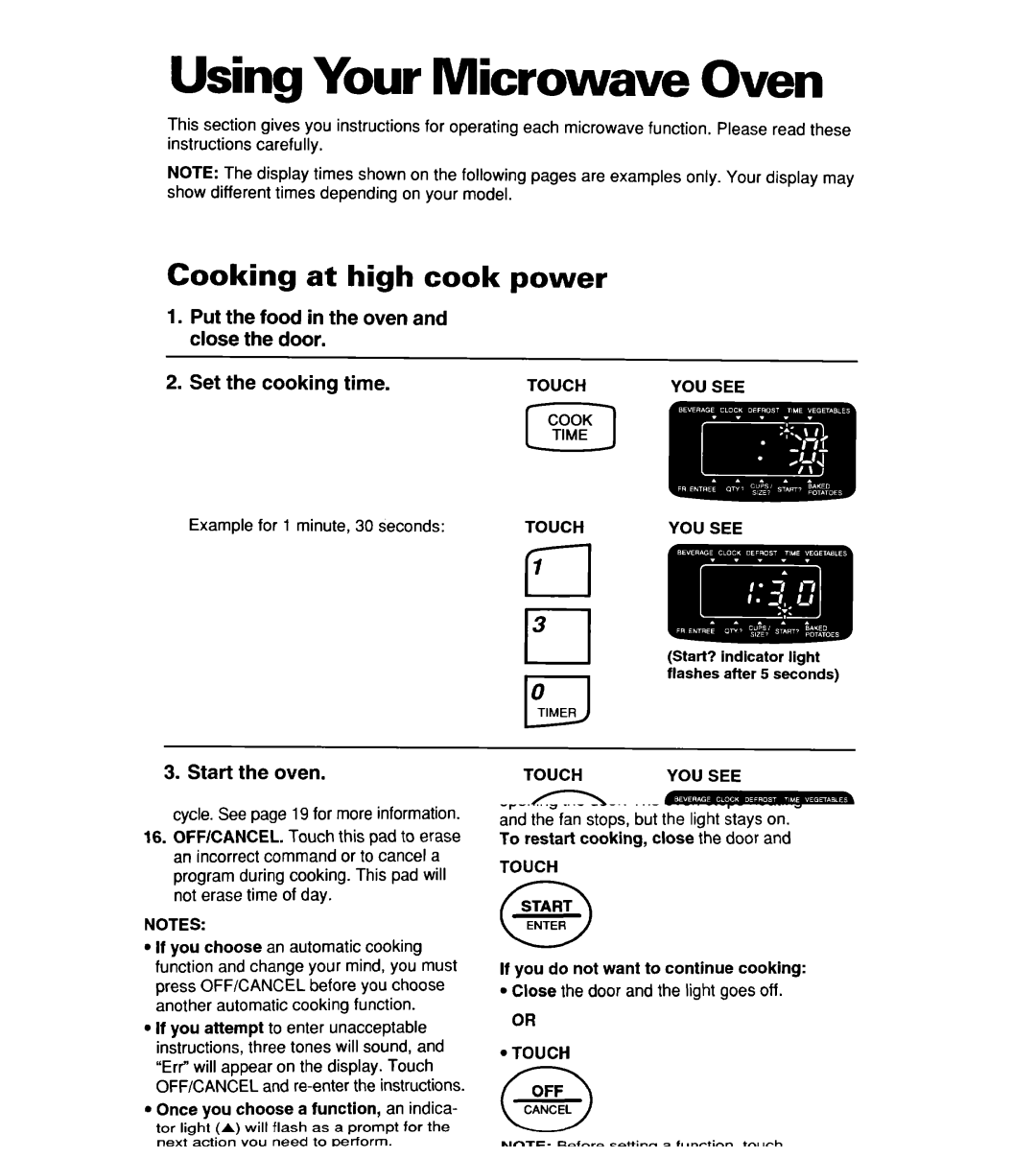 Whirlpool YMT8116SE, YMT9114SF, MT8118XE, MT8116XE, YMT8078SE Using Your Microwave Oven, Cooking at high cook power, Start 