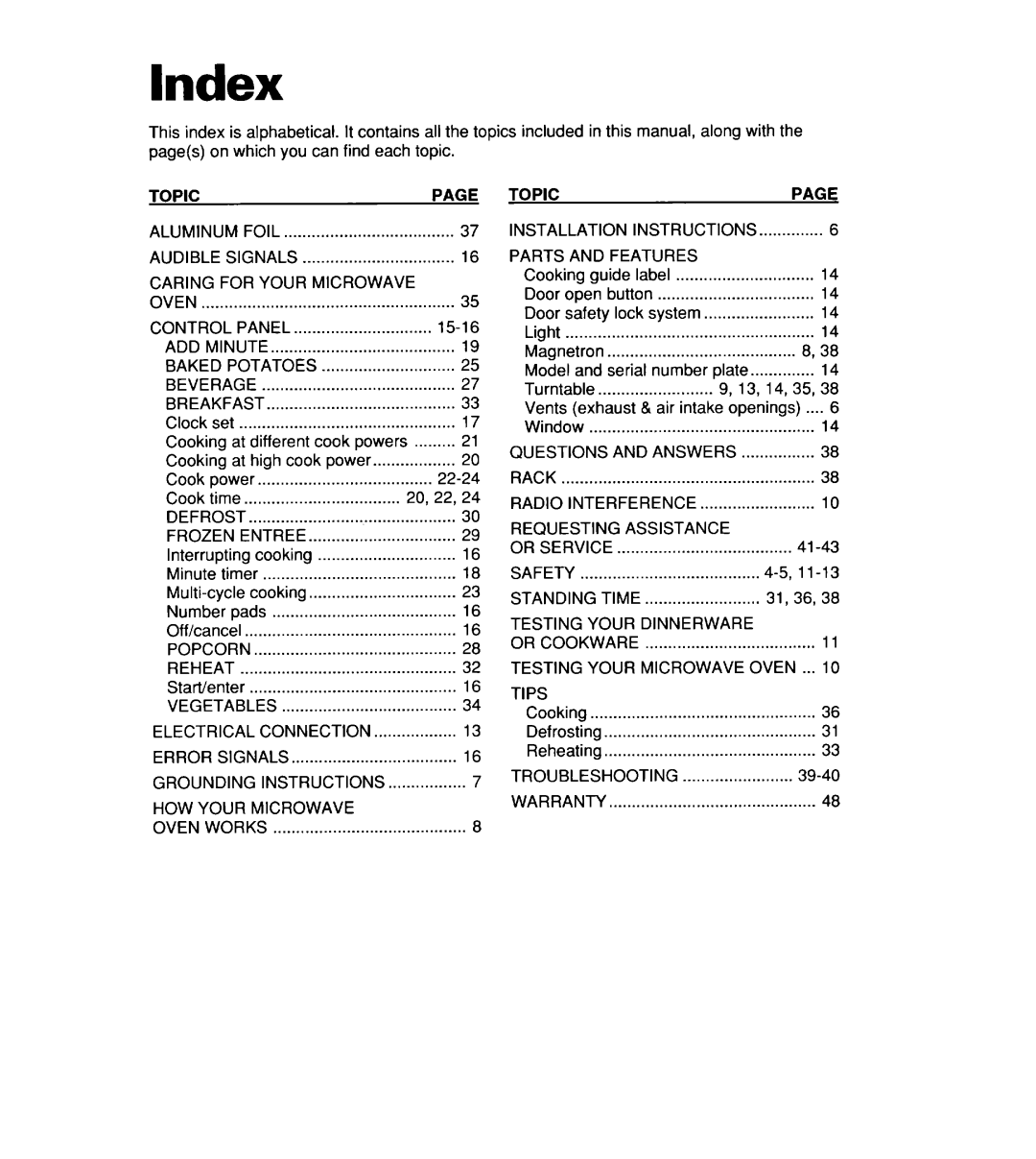 Whirlpool YMT8116SE, YMT9114SF, MT8118XE, MT8116XE, YMT8078SE, YMT8076SE, YMT8118SE installation instructions Index 