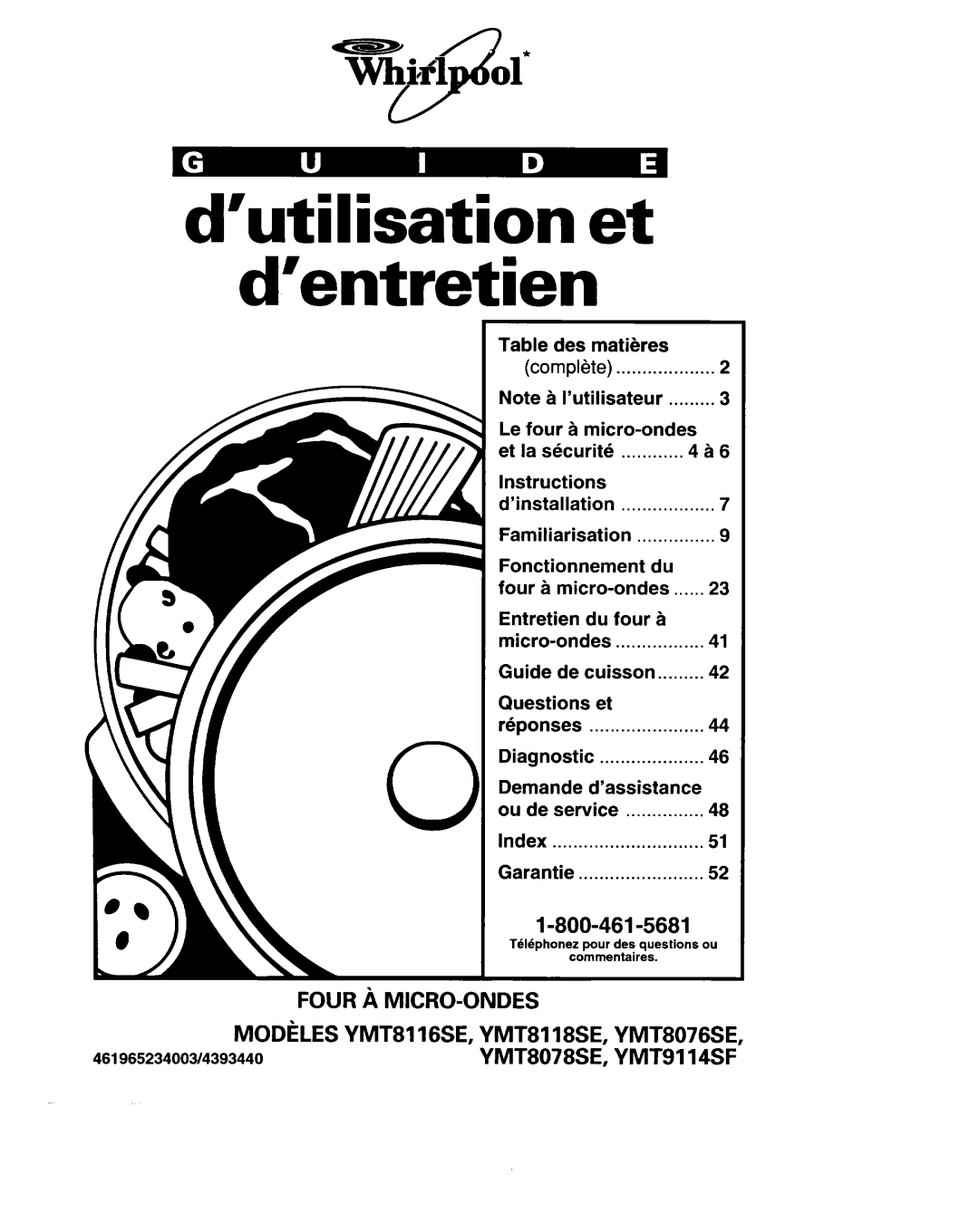 Whirlpool YMT8076SE Table des, Le four h micro-ondes, Et la skurite, ’installation, Demande ’assistance Ou de service 