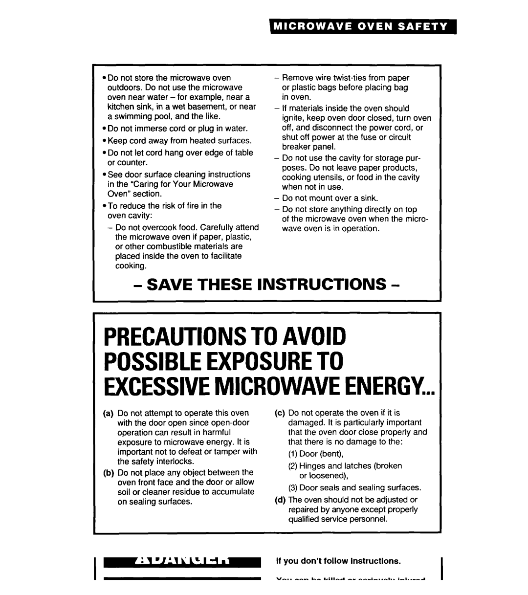 Whirlpool YMT8078SE, YMT9114SF, MT8118XE, MT8116XE, YMT8116SE, YMT8076SE, YMT8118SE installation instructions Precautionstoavoid 