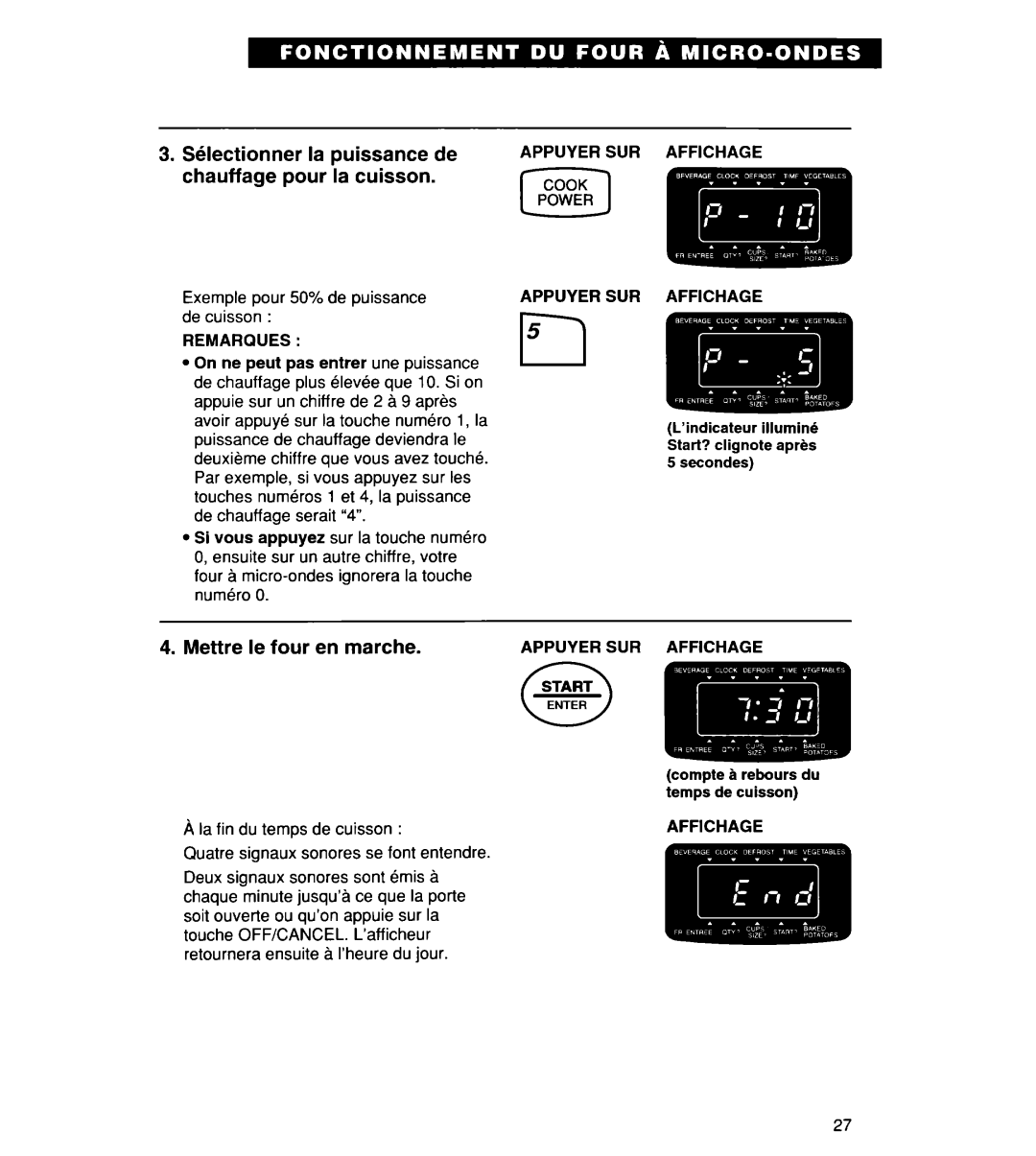 Whirlpool YMT9114SF, MT8118XE, MT8116XE, YMT8116SE, YMT8078SE Puissance de, Pour La cuisson, Appuyer SUR Affichage Start 