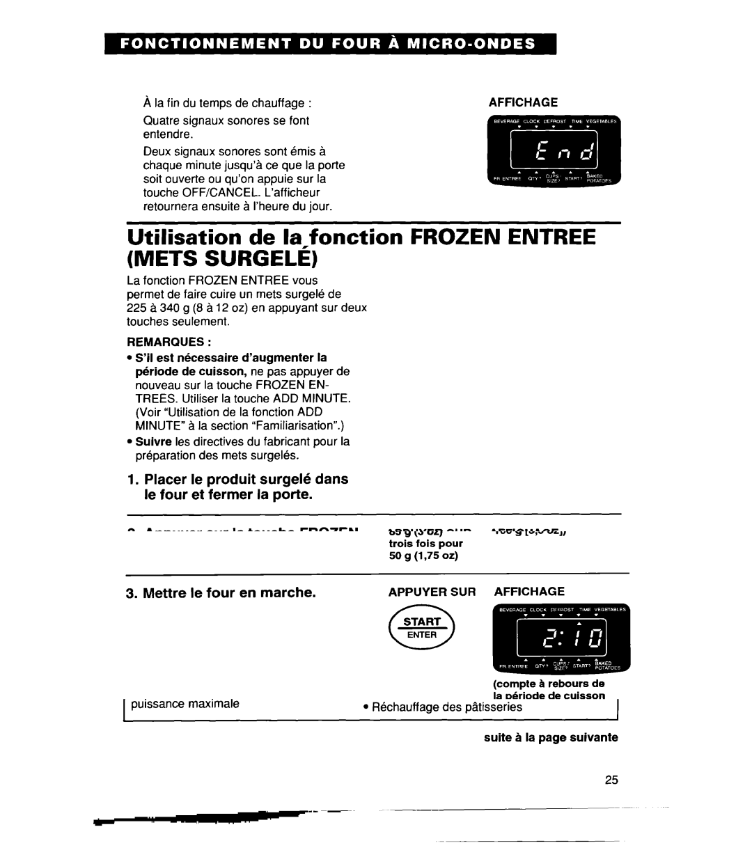 Whirlpool YMT8118SE, YMT9114SF, MT8118XE, MT8116XE, YMT8116SE, YMT8078SE Utilisation de la fonction Frozen Entree Mets Surgele 