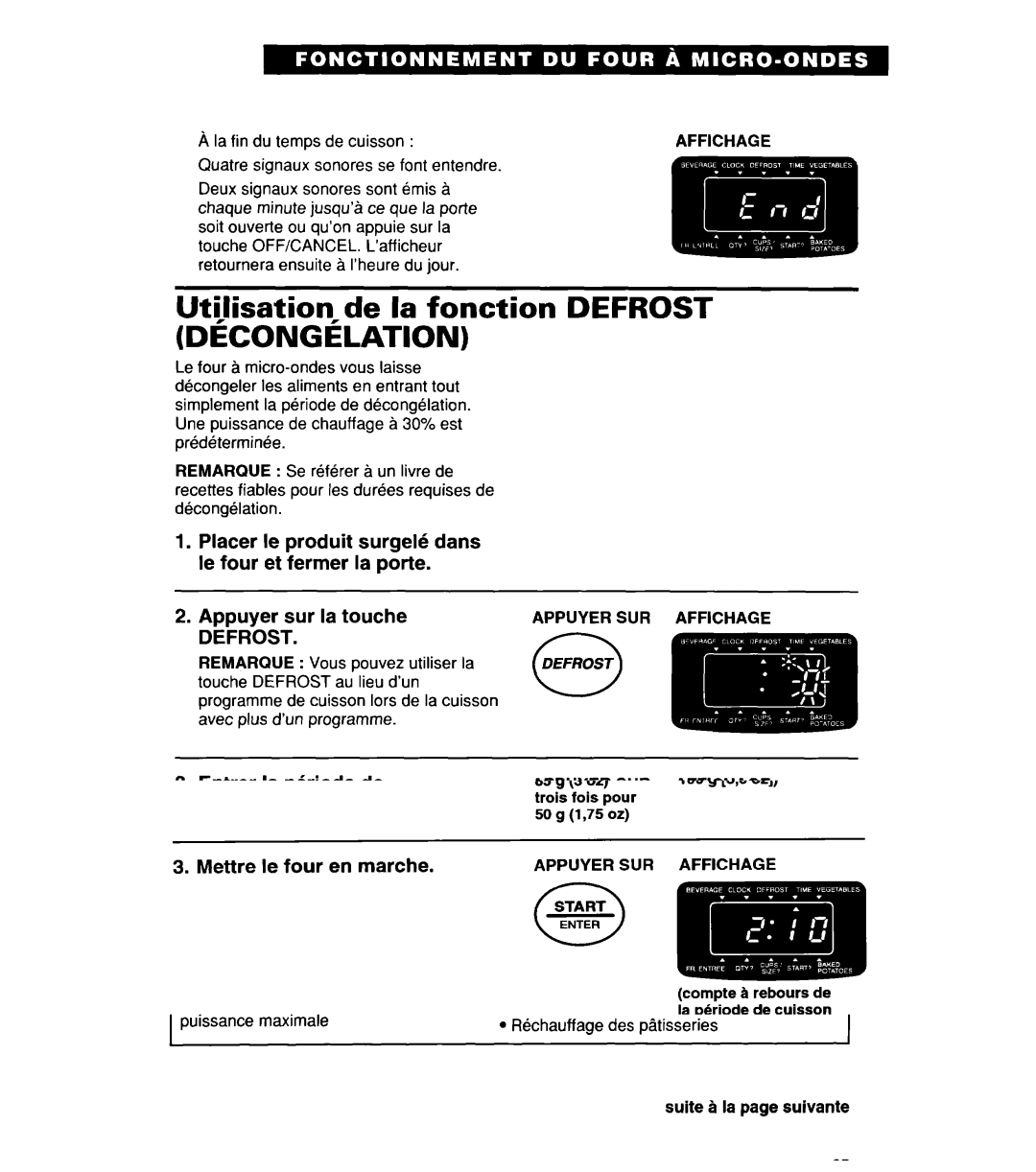 Whirlpool YMT9114SF, MT8118XE, MT8116XE Utilisation de la fonction Defrost DiCONGtLATION, Entrer la pbiode de dkongelation 