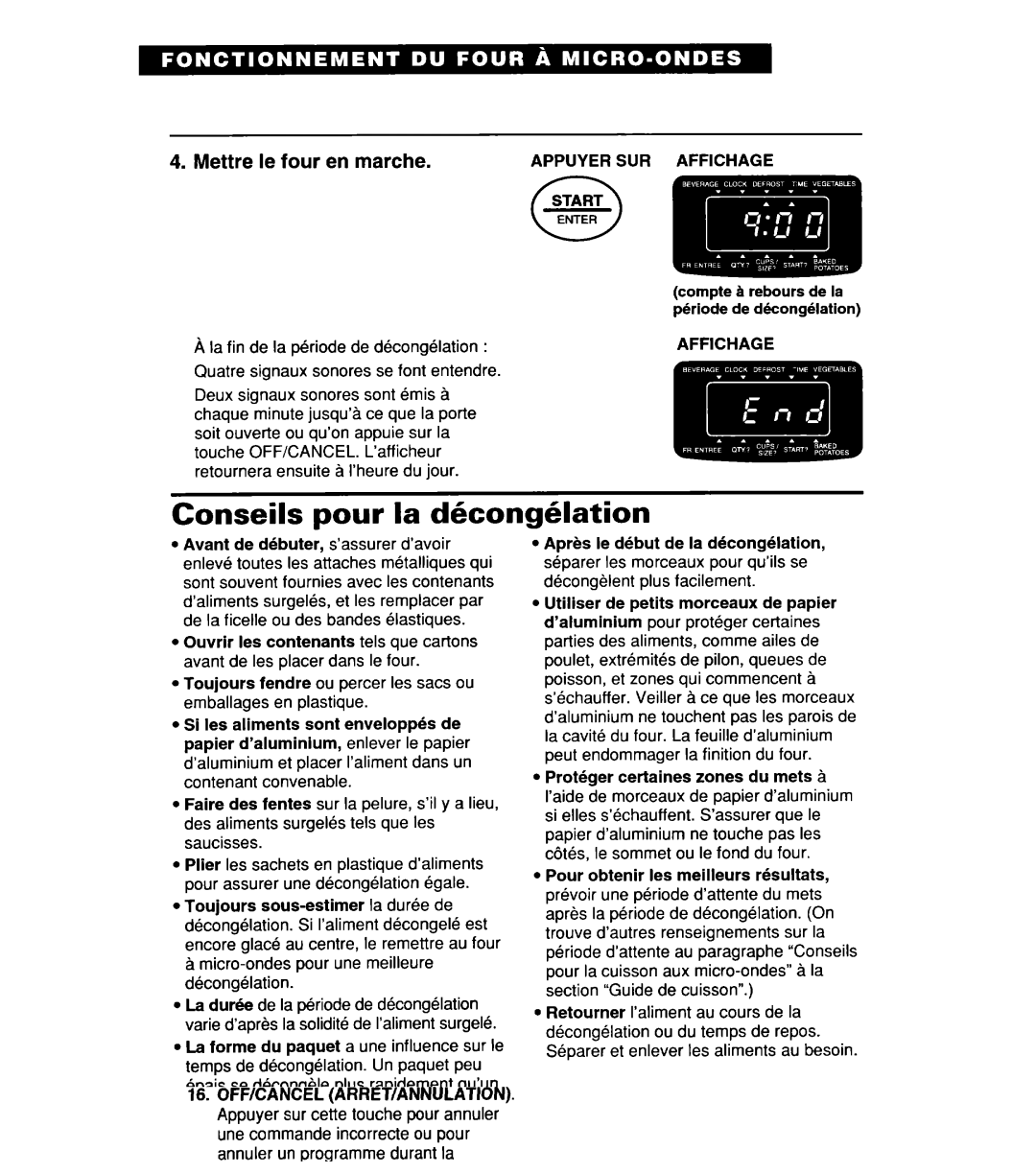 Whirlpool MT8118XE, YMT9114SF, MT8116XE, YMT8116SE, YMT8078SE Conseils pour la d6congGlation, Appuyer SUR Affichage Start 