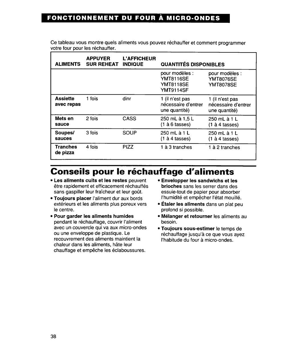 Whirlpool Conseils pour le kchauffage d’aliments, YMT8116SE YMT8076SE YMT8118SE YMT8078SE YMT9114SF, Cass, Soup 