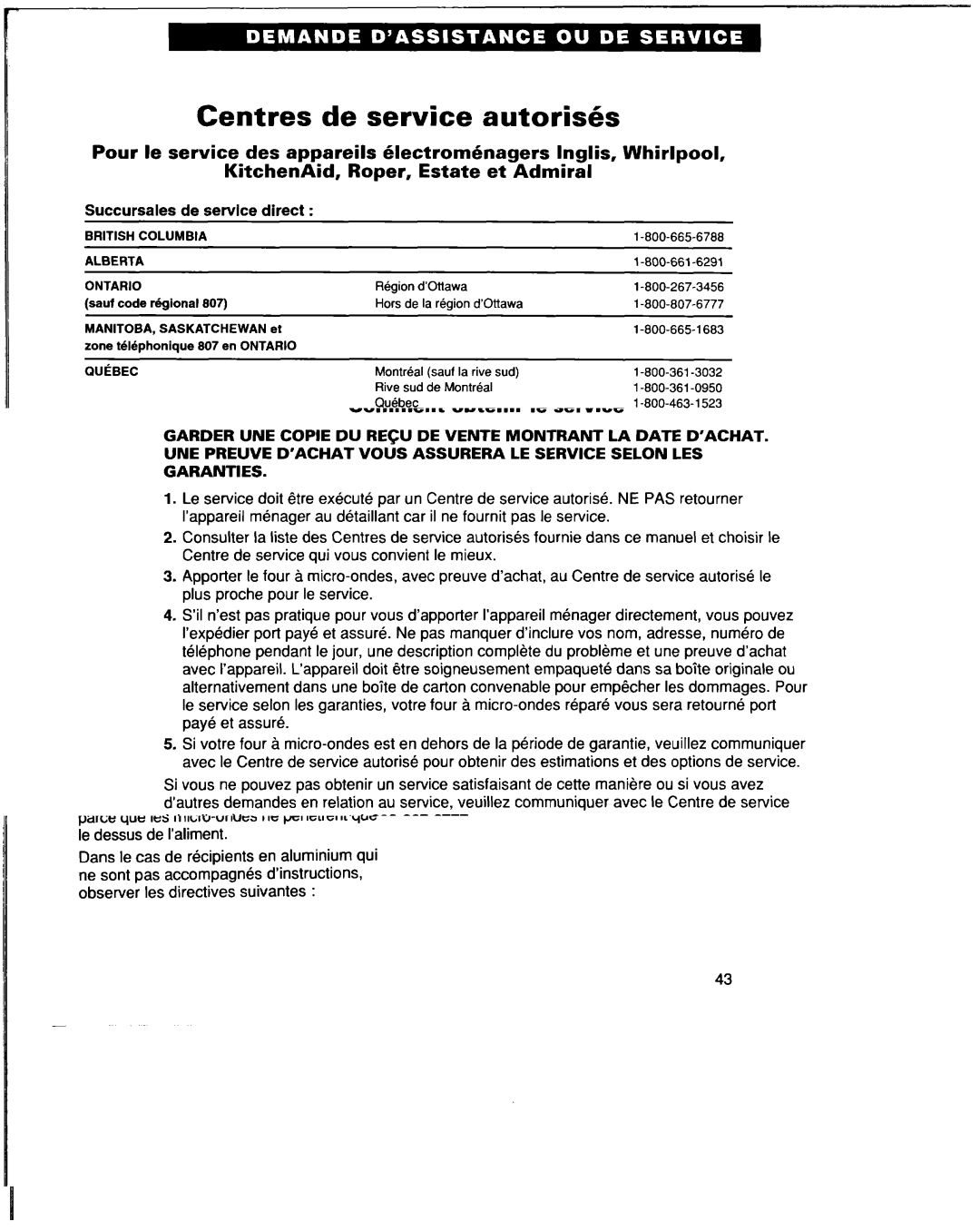 Whirlpool YMT8076SE, YMT9114SF, MT8118XE, MT8116XE, YMT8116SE Centres de service autorisk, Succursales de service direct 