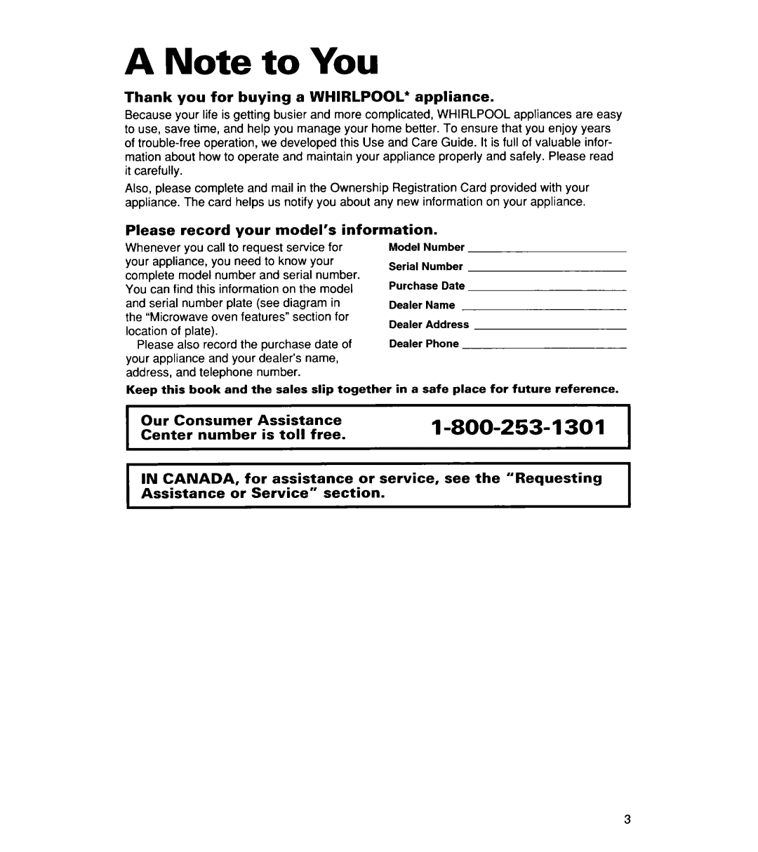 Whirlpool YMT9114SF, MT8118XE, MT8116XE, YMT8116SE, YMT8078SE, YMT8076SE, YMT8118SE installation instructions A Note to You 