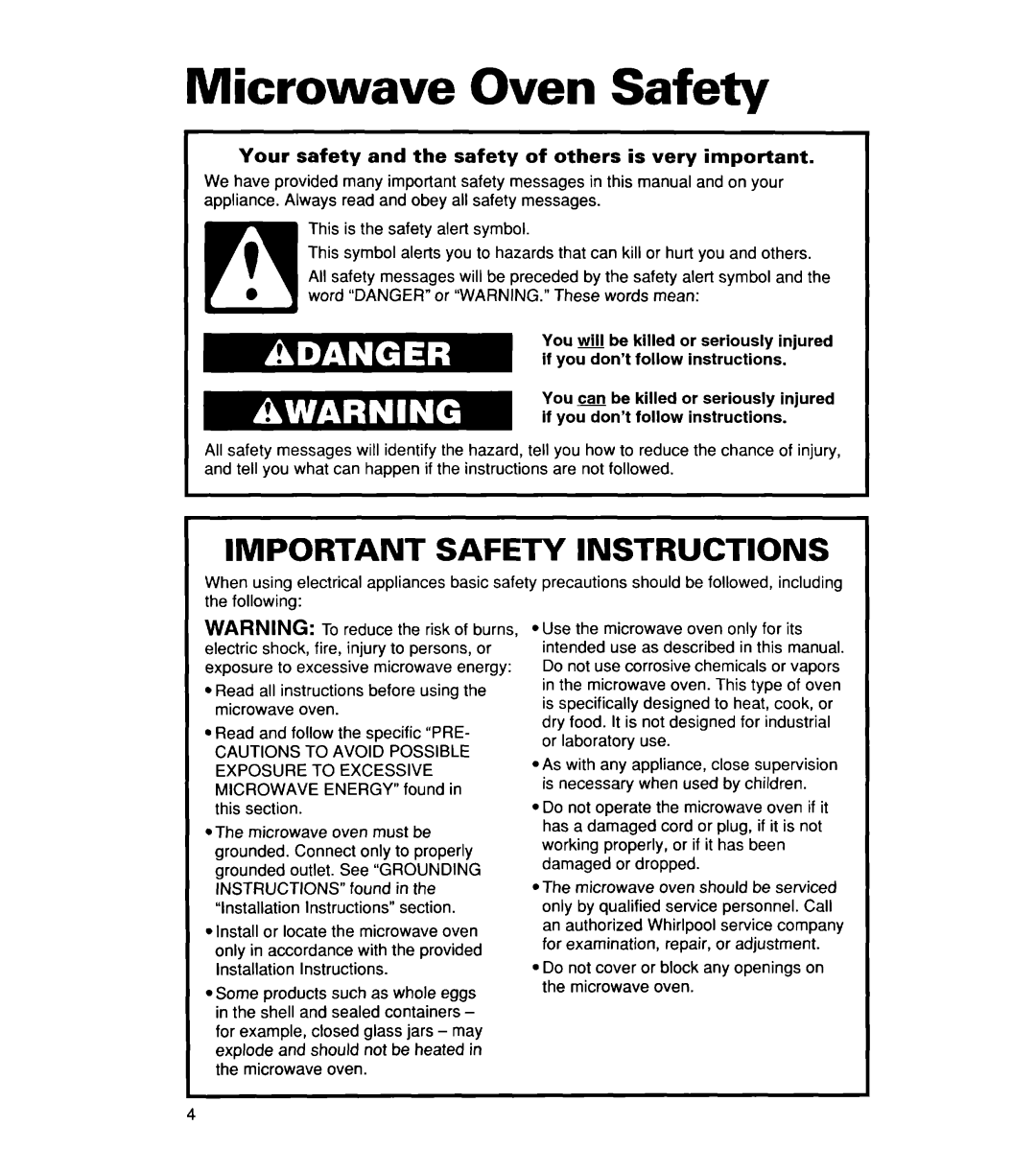 Whirlpool YMT8116SE, YMT9114SF, MT8118XE, MT8116XE, YMT8078SE, YMT8076SE Microwave Oven Safety, Important Safety Instructions 