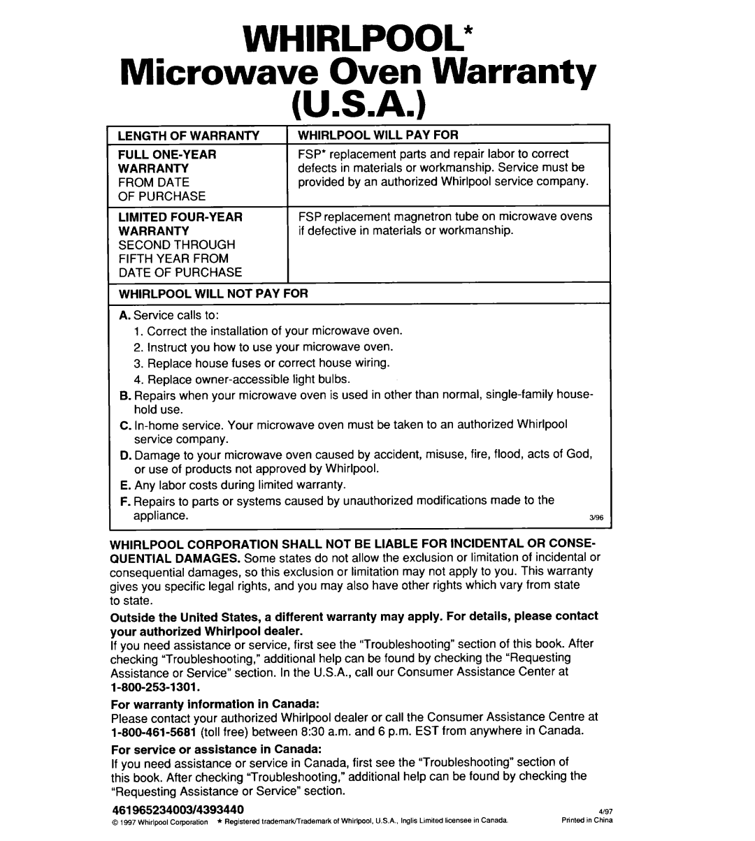 Whirlpool YMT8078SE, YMT9114SF, MT8118XE, MT8116XE, YMT8116SE, YMT8076SE, YMT8118SE WHIRLPOOL” Microwave Oven Warranty U.S.A 