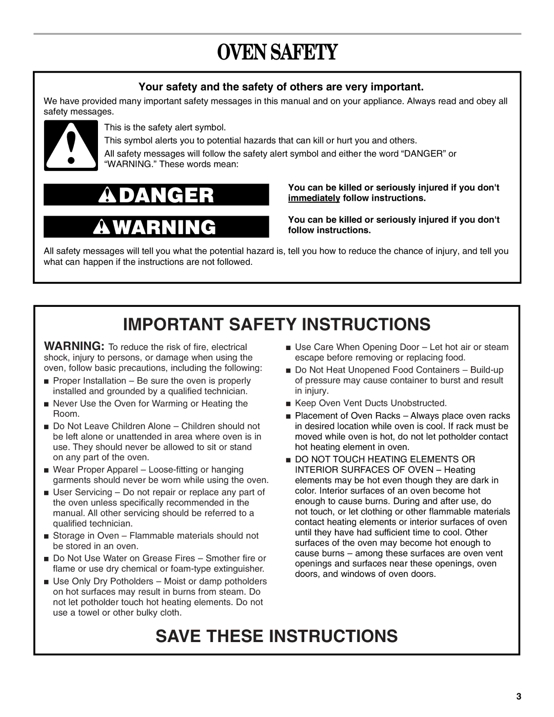 Whirlpool YRBS305, YRBS275, RBS245, RBD276, RBD275 Oven Safety, Your safety and the safety of others are very important 