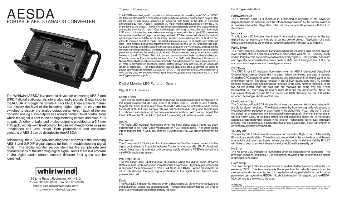 Whirlwind AESDA warranty Theory of Operation, Digital Info Indicators, Fault Type indicators Hardware Fault, No Lock 