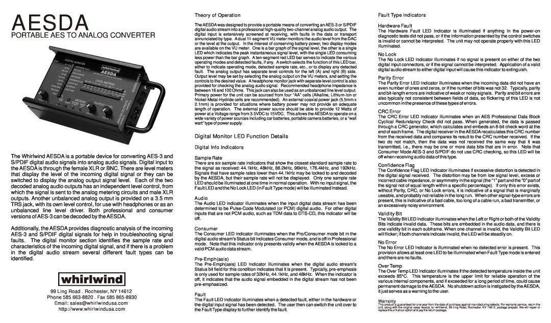 Whirlwind AESDA warranty Digital Monitor LED Function Details, Ling Road . Rochester, NY Phone 585 663-8820 . Fax 585 