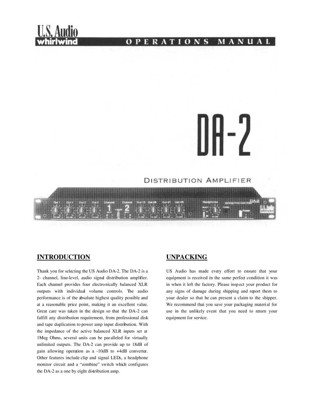 Whirlwind DA-2 manual Introduction 