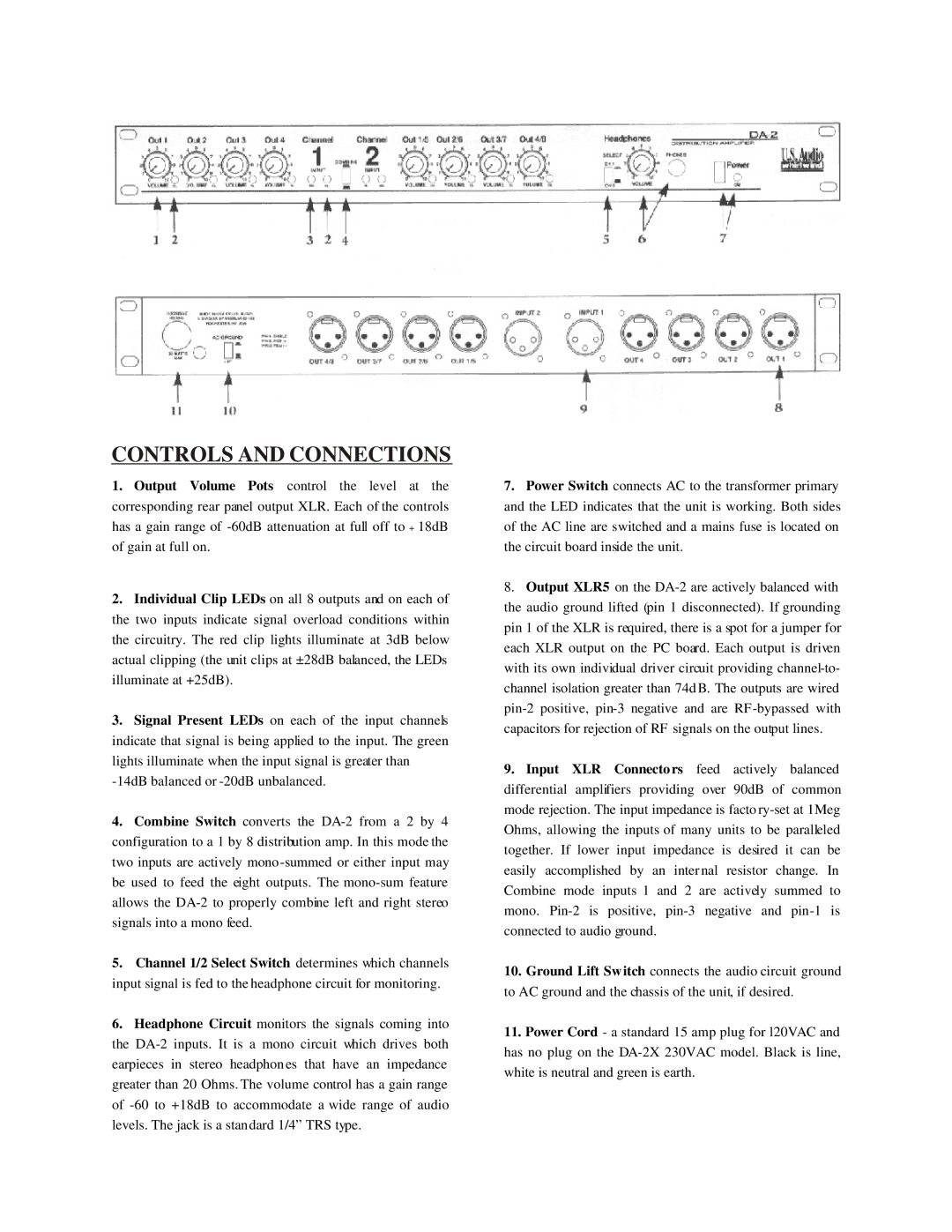 Whirlwind DA-2 manual Controls and Connections 