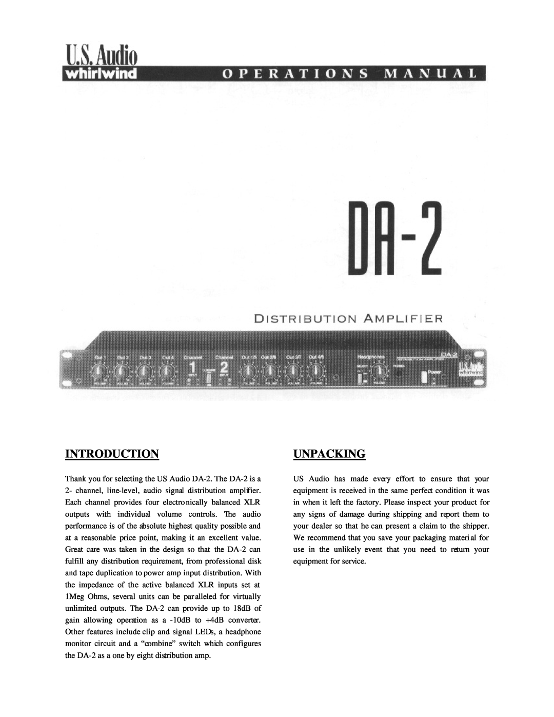 Whirlwind DA-2 manual Introduction, Unpacking 