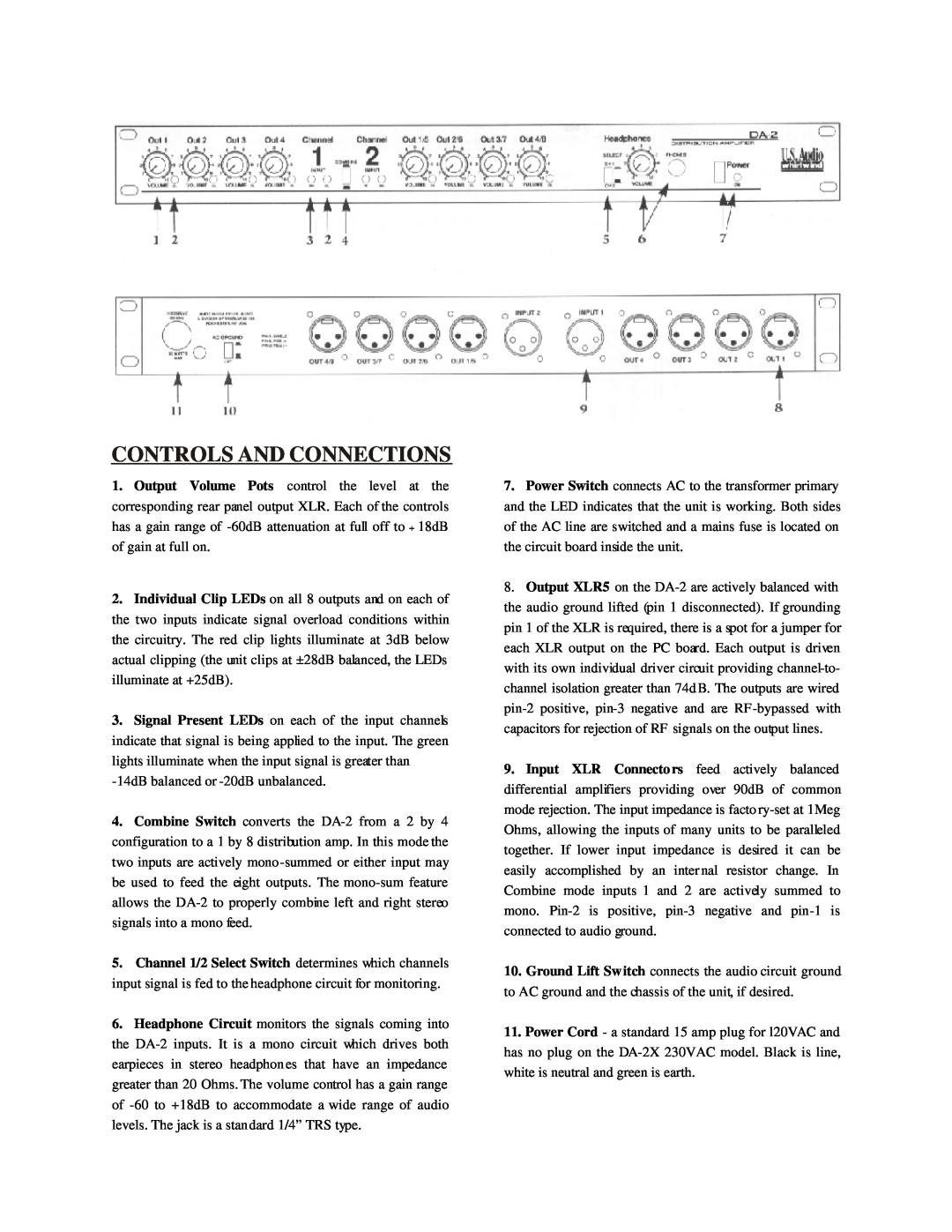 Whirlwind DA-2 manual Controls And Connections 