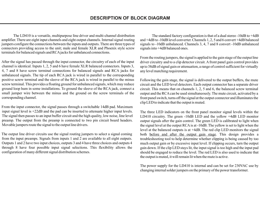 Whirlwind LD410 manual Description of Block Diagram 