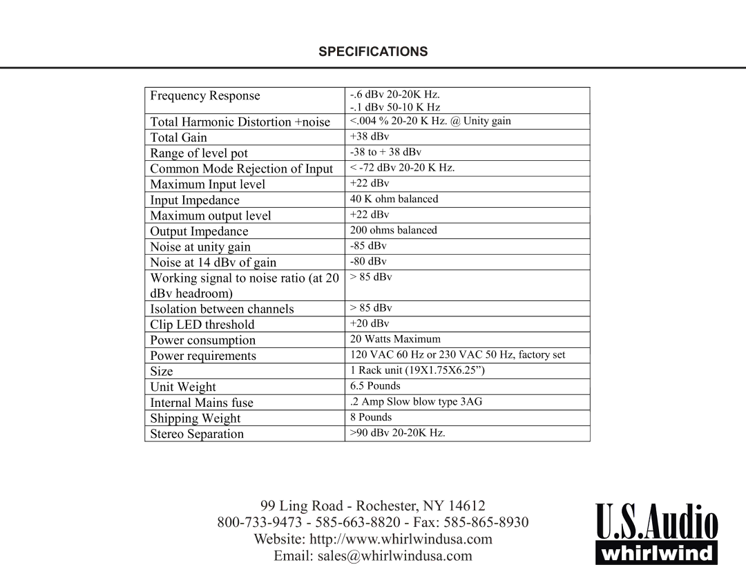 Whirlwind LD410 manual Specifications 