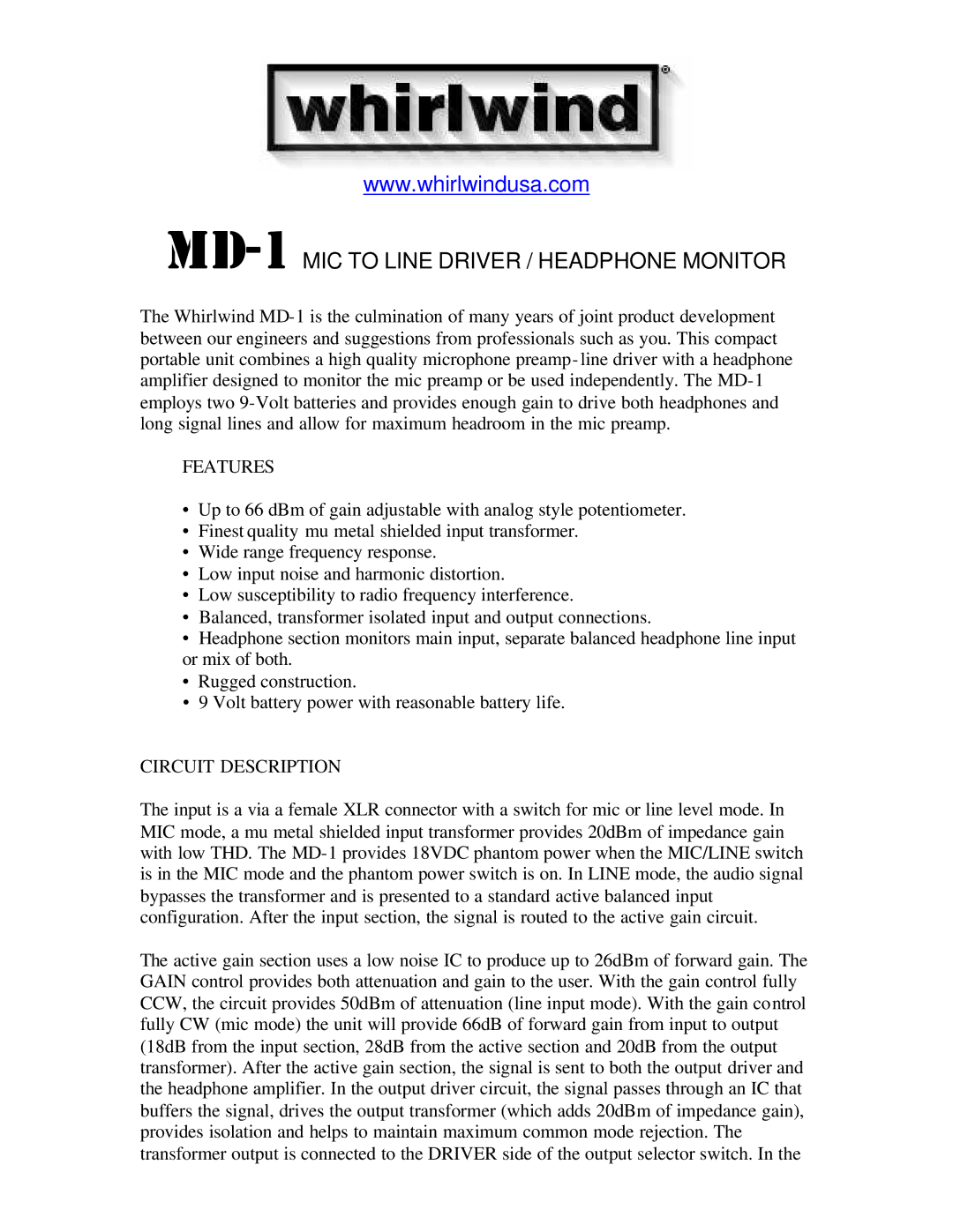 Whirlwind MD-1 manual Features, Circuit Description 