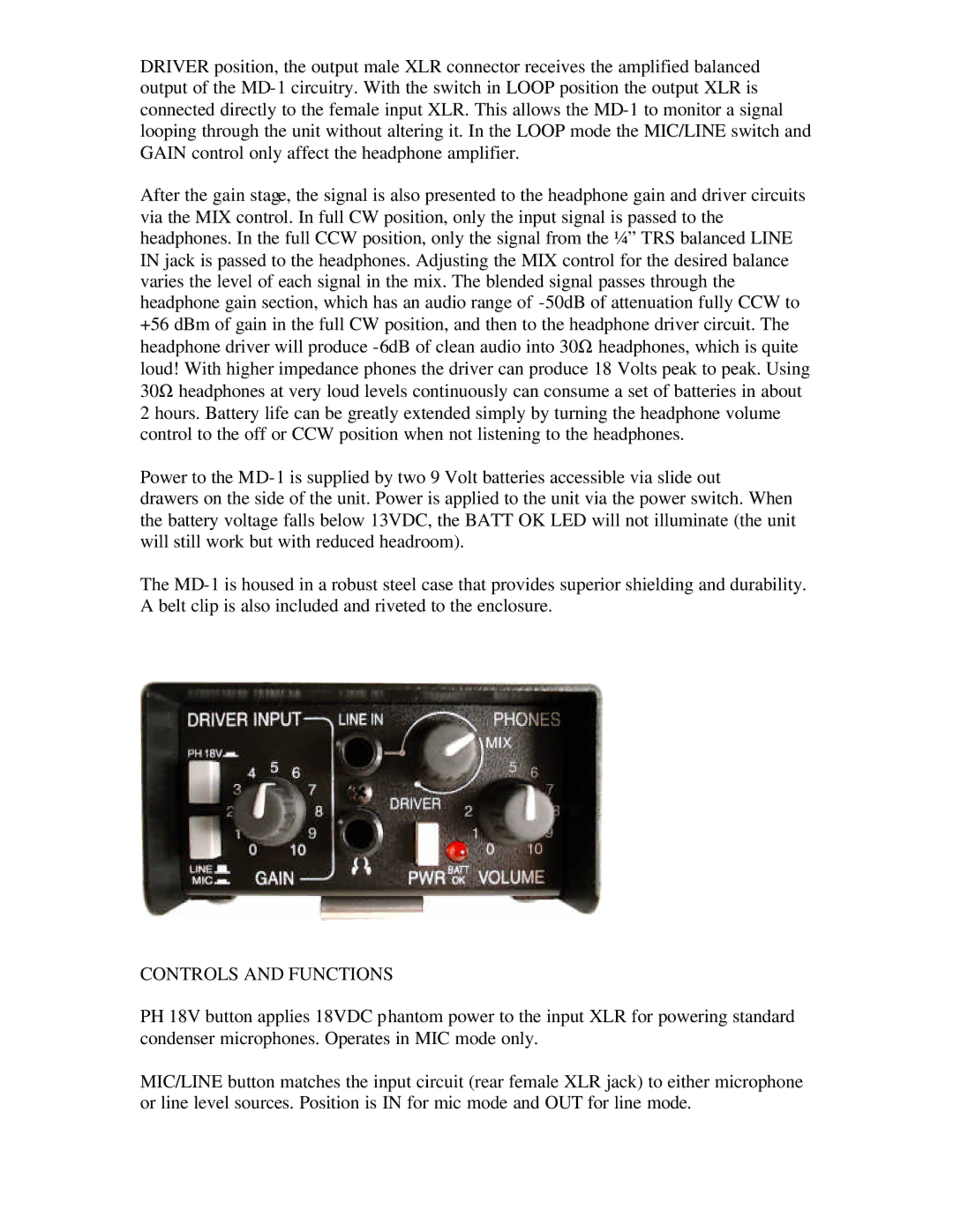 Whirlwind MD-1 manual Controls and Functions 