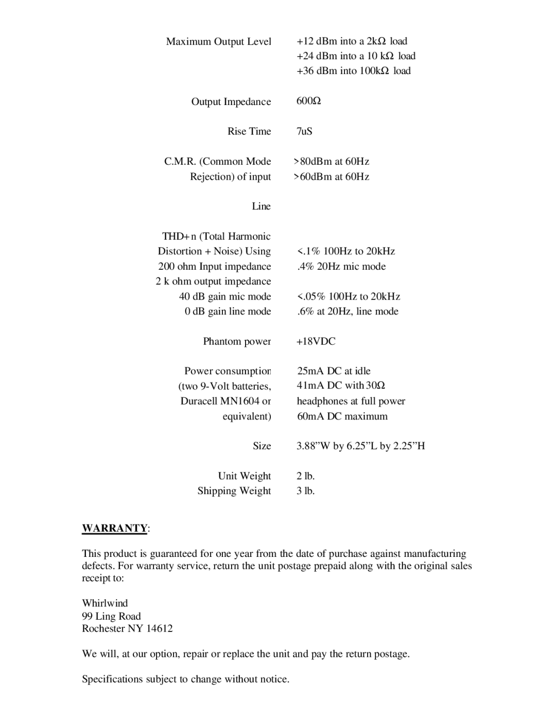 Whirlwind MD-1 manual Warranty 