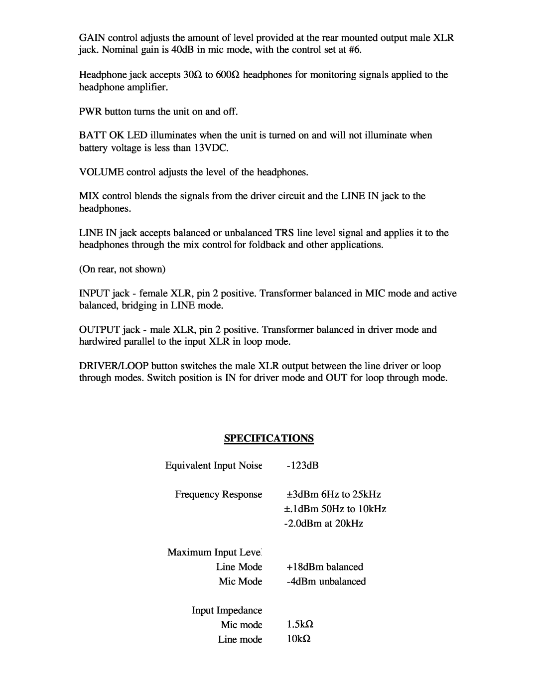 Whirlwind MD-1 manual Specifications 