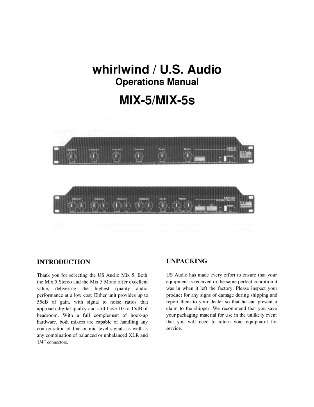 Whirlwind MIX-5 manual Introduction, Unpacking 