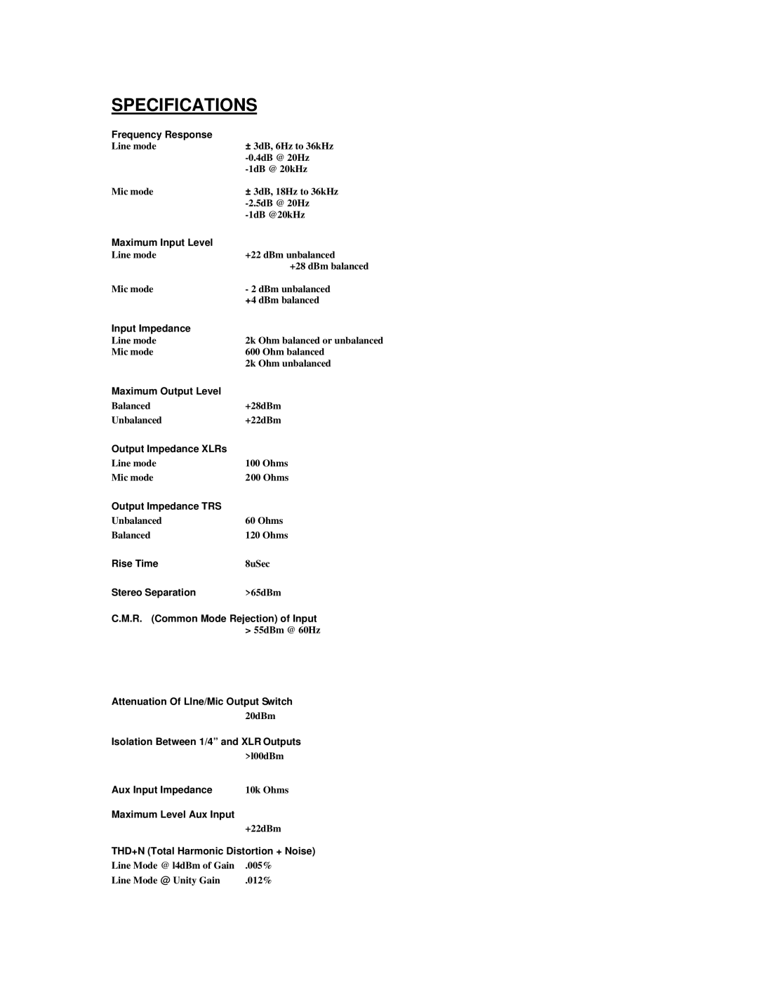 Whirlwind MIX-5 manual Specifications 