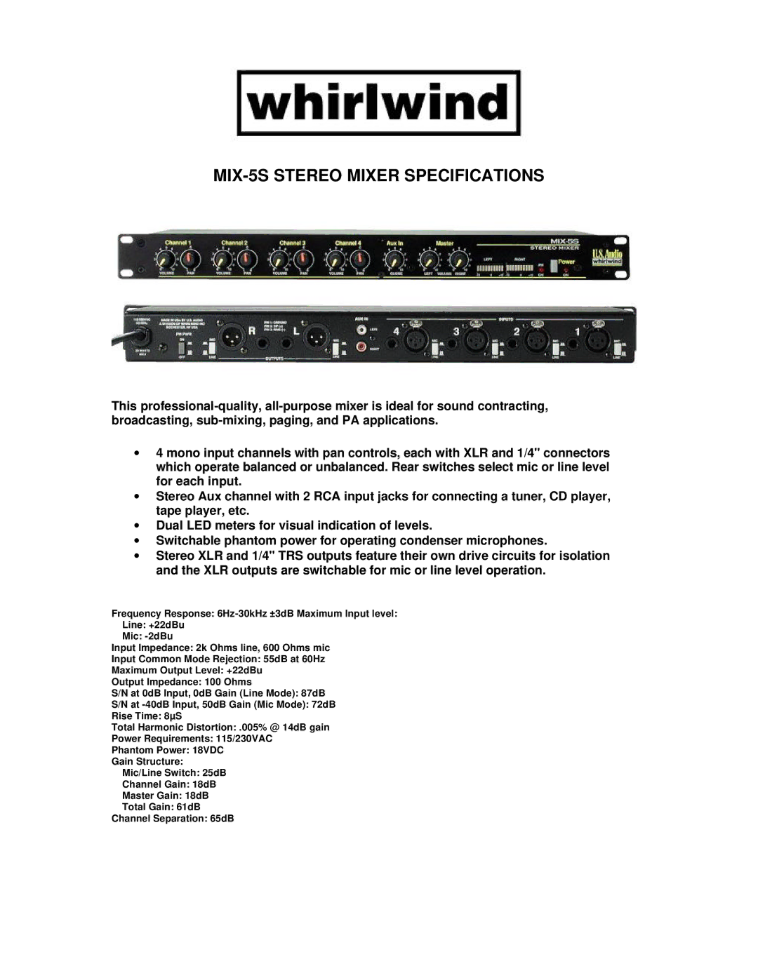 Whirlwind specifications MIX-5S Stereo Mixer Specifications 