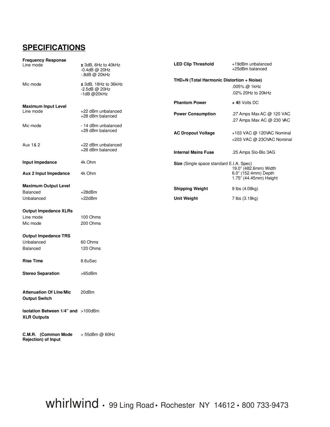 Whirlwind MIX 6 manual Specifications 