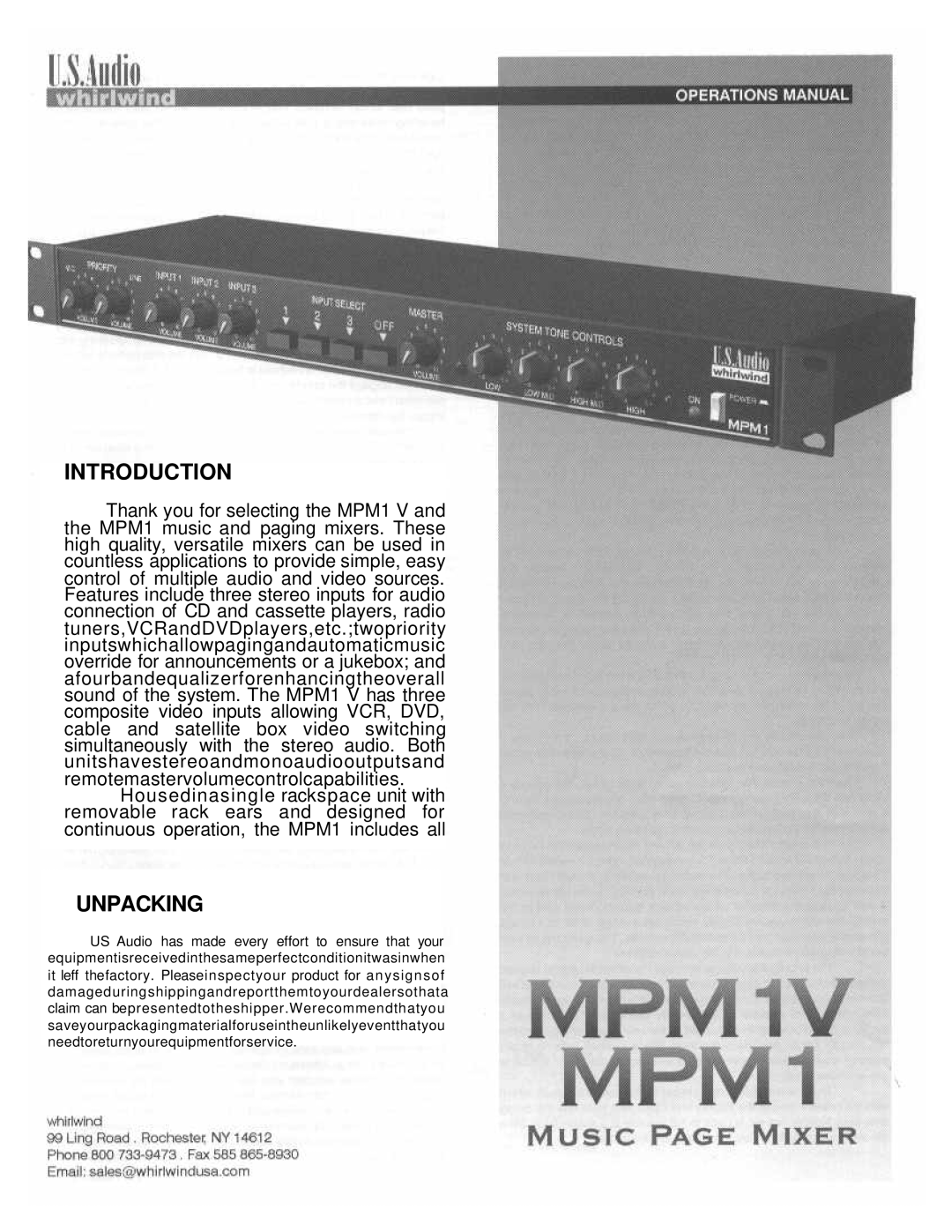 Whirlwind MPM-1V manual Introduction, Unpacking 