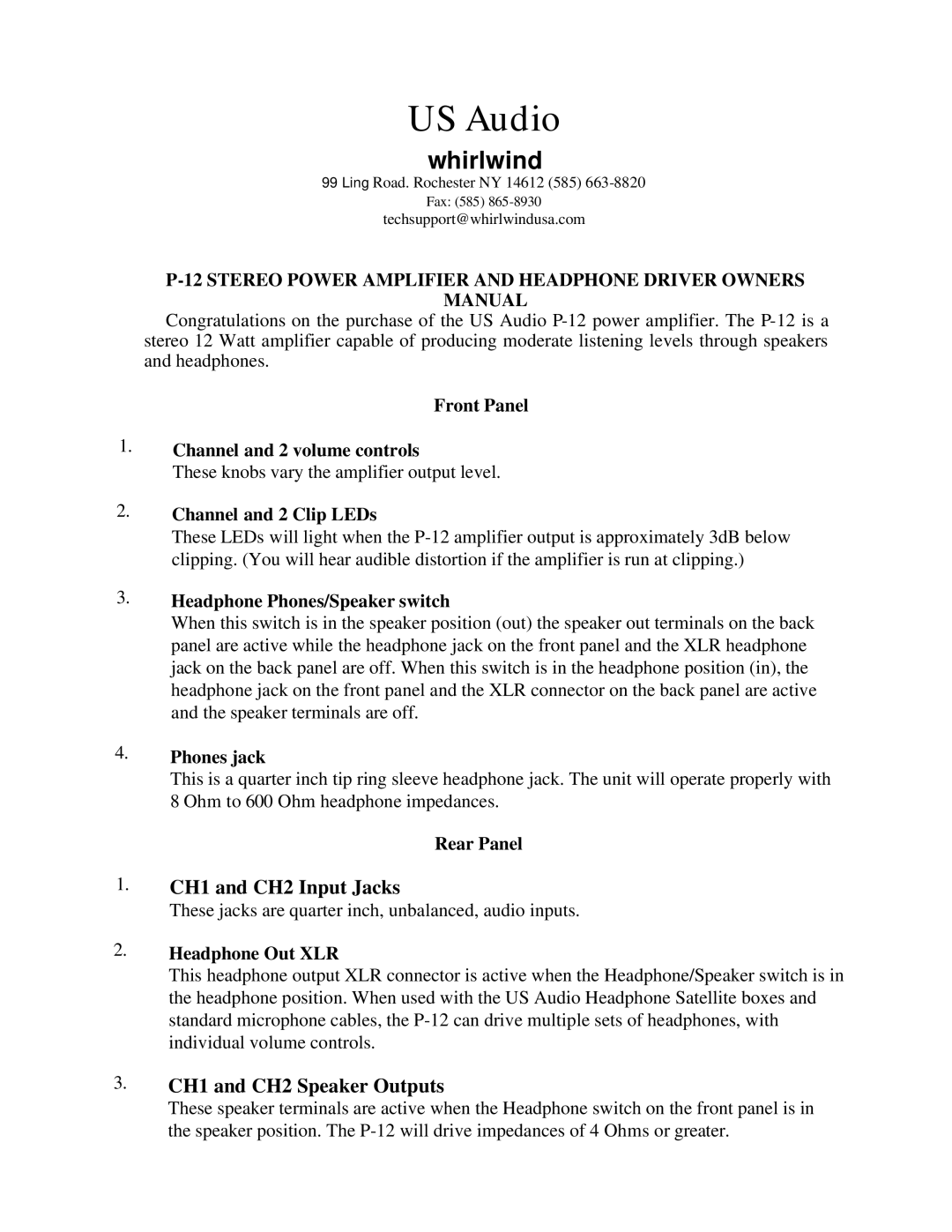 Whirlwind P-12 owner manual CH1 and CH2 Input Jacks, CH1 and CH2 Speaker Outputs 