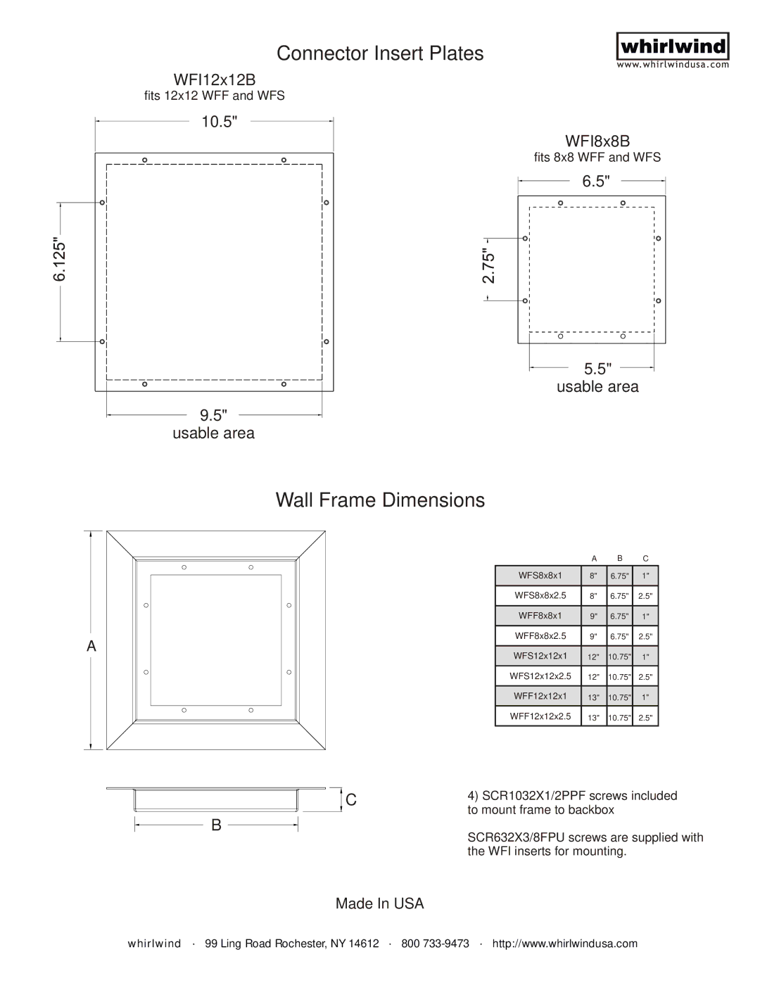 Whirlwind Patent-Pending Recessed Wall Frames dimensions Connector Insert Plates, Wall Frame Dimensions 