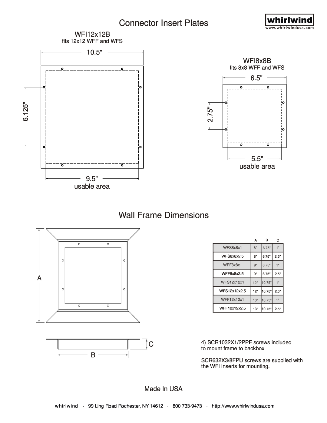 Whirlwind Patent-Pending Recessed Wall Frames Connector Insert Plates, Wall Frame Dimensions, WFI12x12B, WFI8x8B, WFS8x8x1 