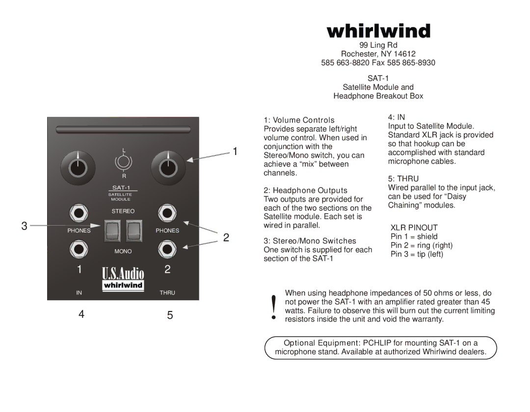 Whirlwind SAT-1 warranty Thru, XLR Pinout 