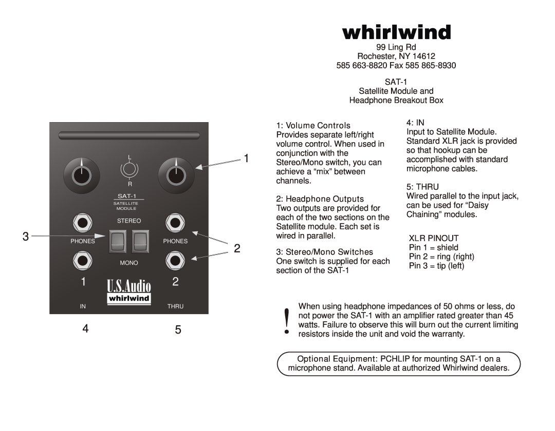 Whirlwind SAT-1 warranty Headphone Outputs, 4 IN, Thru, Xlr Pinout 