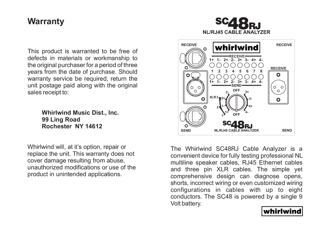 Whirlwind SC48RJ warranty Warranty, Whirlwind Music Dist., Inc Ling Road Rochester NY, SC 48 RJ 